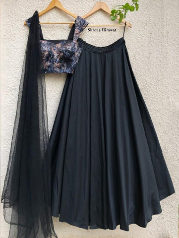 Black Print Bustier With Black Skirt And Tulle Dupatta (Set of 3) by Shrena Hirawat now available at Trendroots