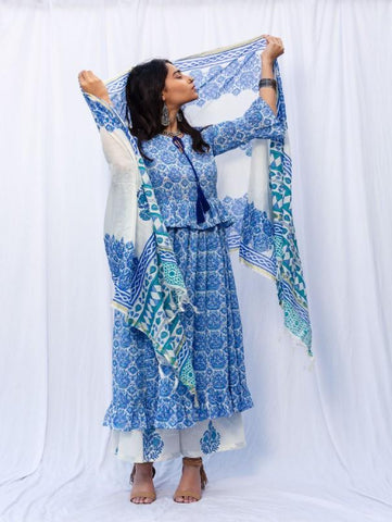 Blue Double Frill Printed Kurta Set (Set of 3) by Shrinkhla now available at Trendroots