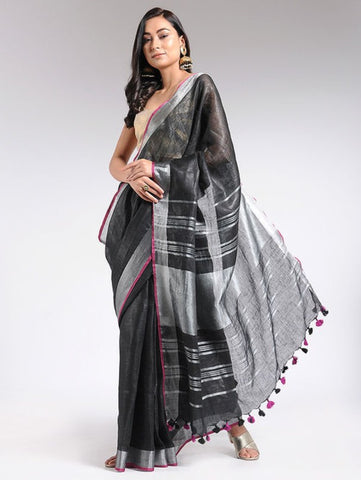 Black Linen Saree By The Neem Tree now available at Trendroots