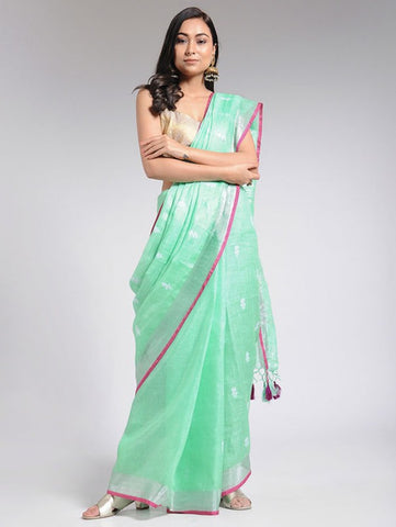 Embroidered Mint Linen Saree By The Neem Tree now available at Trendroots