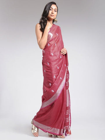 Embroidered Red Linen Saree by The Neem Tree now available at Trendroots