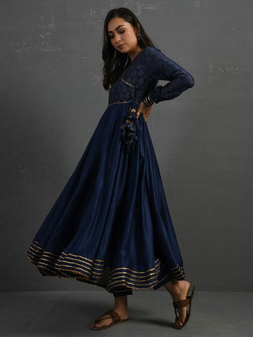 Indigo Gota Kissed Chanderi Kurta & Pant (Set of 2) by The Neem Tree now available at Trendroots