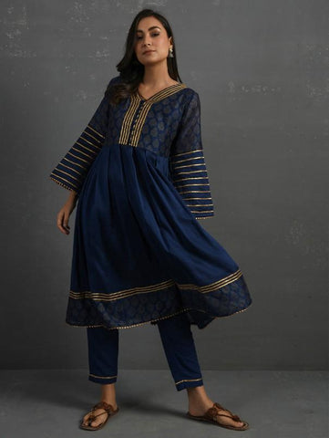 Indigo Box Pleated Block Printed Handwoven Chanderi Kurta With Pants (Set of 2) by The Neem Tree now available at Trendroots