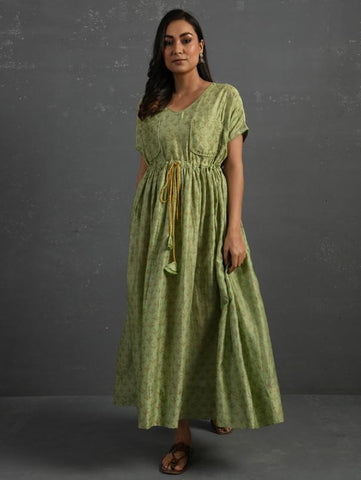 Green Block Printed Handwoven Chanderi Maxi Dress by The Neem Tree Now available at Trendroots