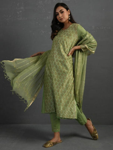 Green Handwoven Kota Dupatta with Gota Details by The Neem Tree now available at Trendroots