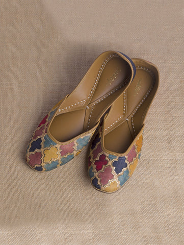 Mughal Jali Multi color Embroidered Juttis by Vareli Bafna now available at Trendroots