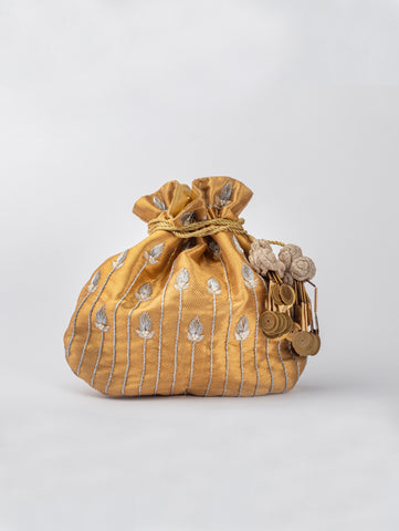 Gold And Silver Basanti Gulab Potli Bag by Vareli Bafna now available at Trendroots