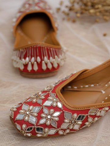 Manik - Red Pearl & Mirror Work Juttis By Vareli Bafna now available at Trendroots
