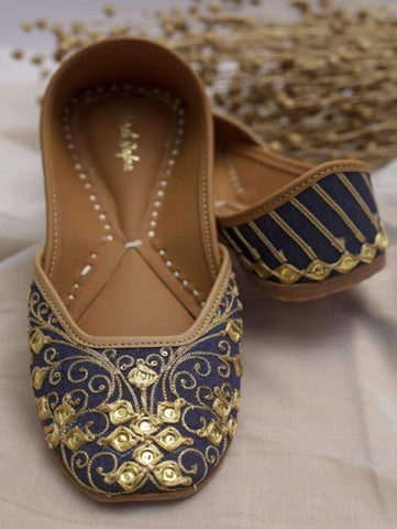 Neelam - Imeprial Blue Golden Work Juttis By Vareli Bafna now available at Trendroots