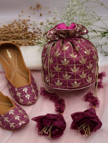 Jamunia - Magenta Khadi Silk Potli Bag and Juttis By Vareli Bafna now available at Trendroots