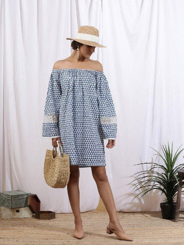 Ciel Off Shoulder Dress - Blue Cotton Printed by Maison Shefali now available at Trendroots