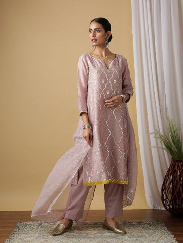 Mauve Chandrika Kurta With Pant & Dupatta (Set of 3) by Maison Shefali now available at Trendroots