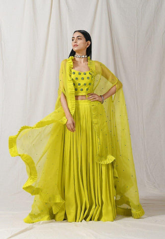 Lime Pleated Skirt with Cape Set of 3 by Label Nitika now available at Trendroots