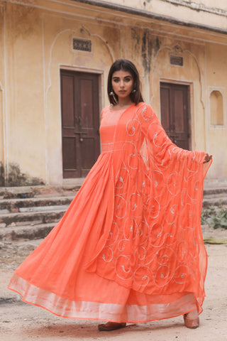 Orange Hand Gota Work Gown With Dupatta Set of 2 by Chokhi Bandhani now available at Trendroots