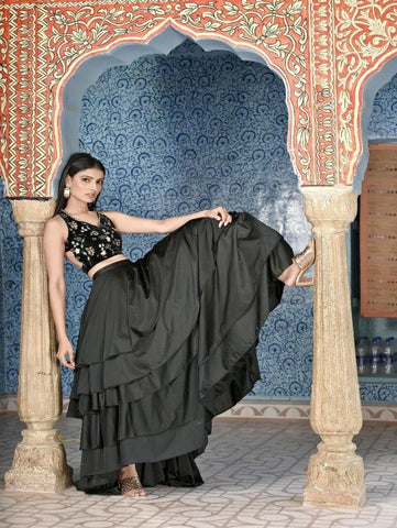 Black Velvet Blouse with High Low Satin Lycra Skirt by Piyanshu Bajaj now available at Trendroots