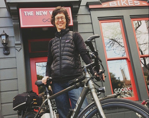 Sheila picking up her ebike at The New Wheel in San Francisco