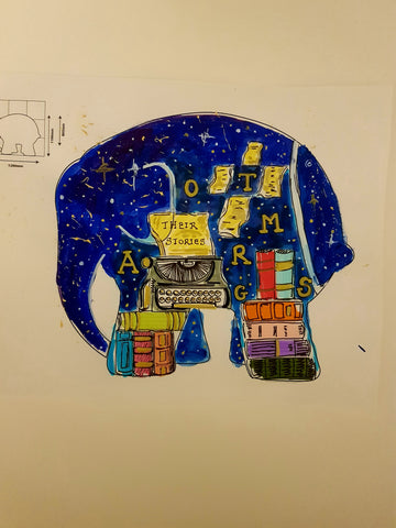 The original design sketch of 'Written in the Stars' Elmer the Elephant sculpture for Elmer's Big Belfast Trail on behalf of Northern Ireland Hospice. Design by Irish Artist Amira McDonagh. An elephant painted in a dark blue star filled sky, in memory of all those who have gone before us.