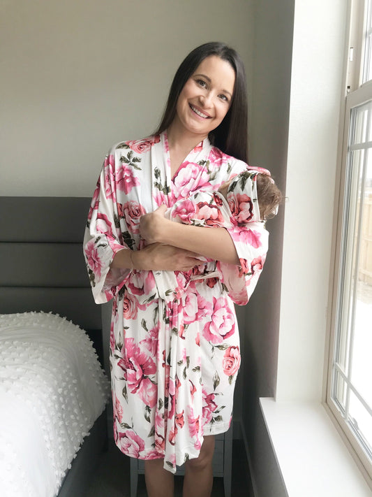 3 Pieces Hospital Pack: Nursing Nightie + Robe - Pink Floral