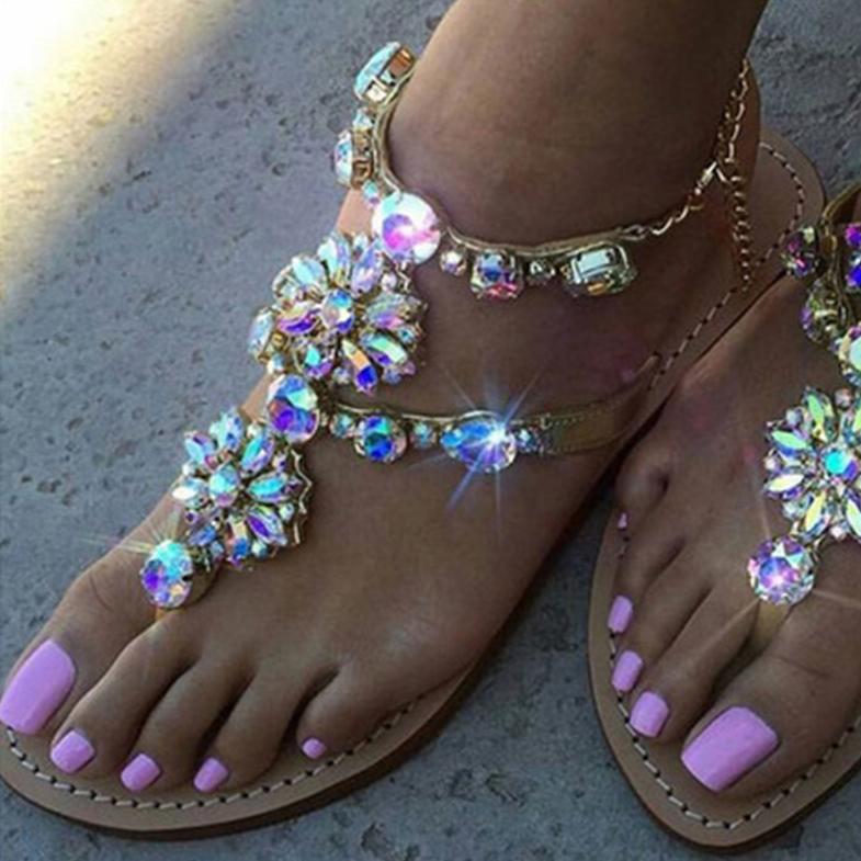 Rhinestone Fashion Women Sandals Flat Shoes