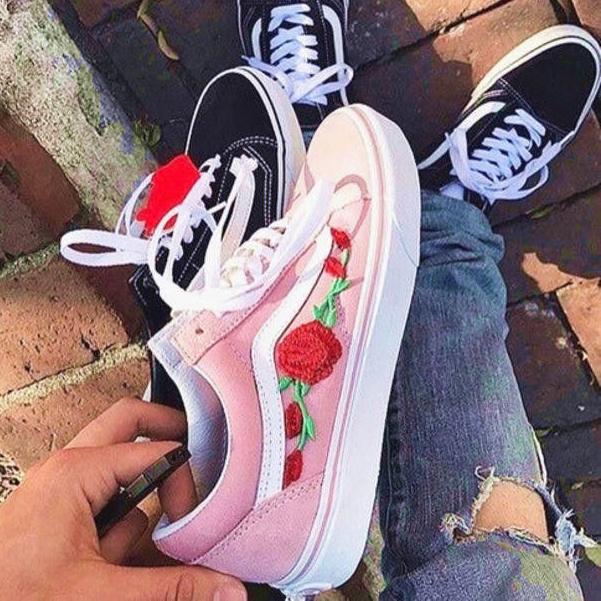 Vans Fashion Rose Embroidery Flats Shoes Sneakers Sport Shoes