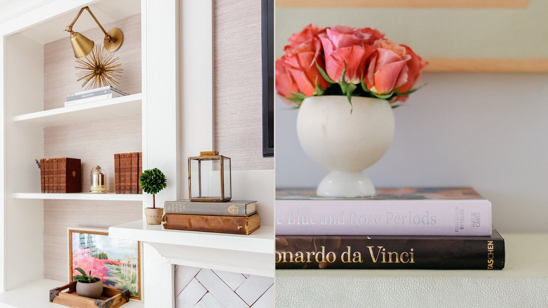 5 ways for styling your home with books - collage showing books and other decorative elements on built in shelving and second photo with a vase stacked on two books