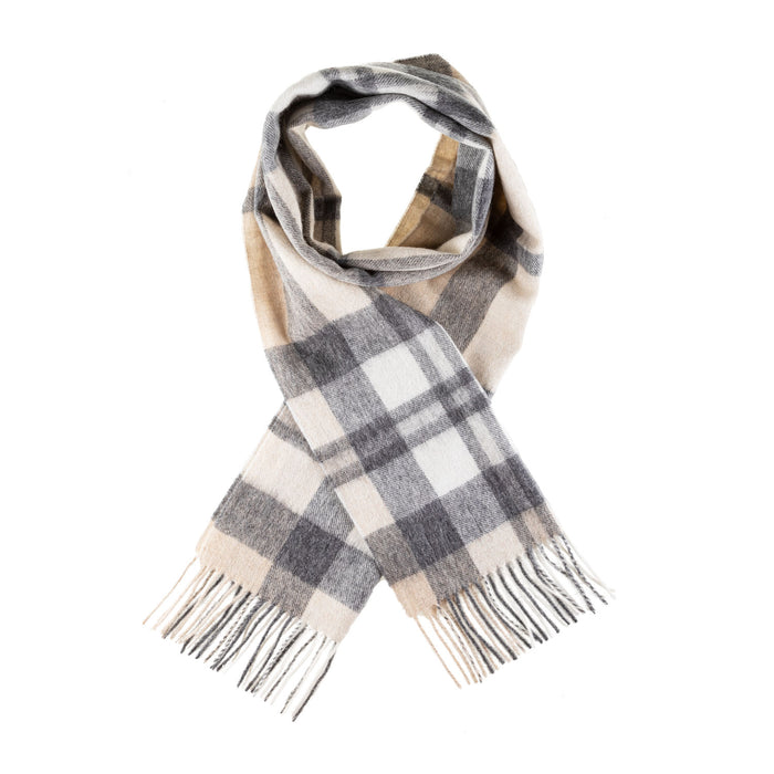 Chequer Tartan 90/10 Cashmere Scarf Bar  Exploded Grey/Natural
