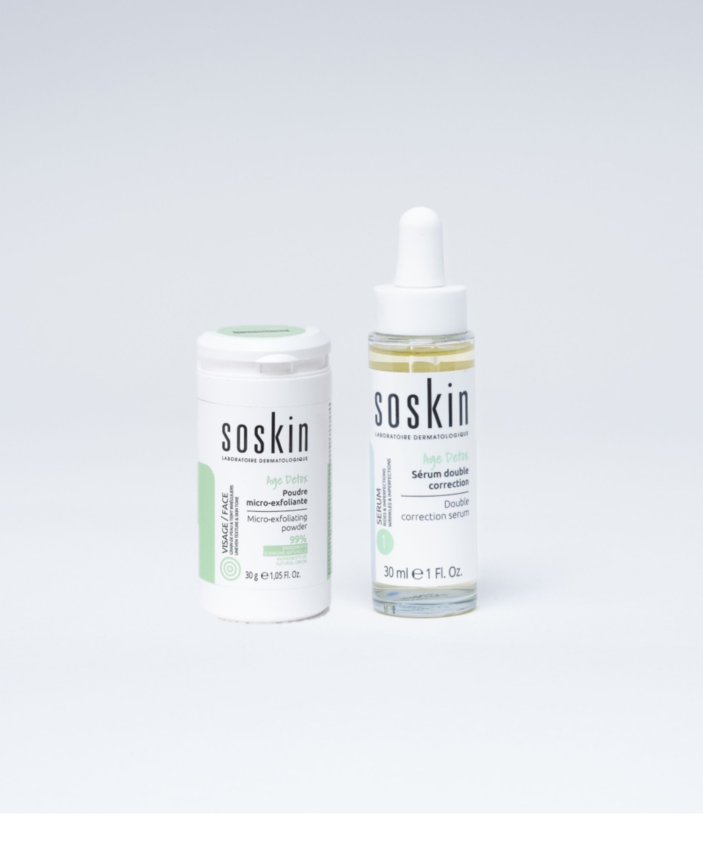 DUO AGE DETOX® : Poudre micro-exfoliante + Sérum double correction – SOSkin