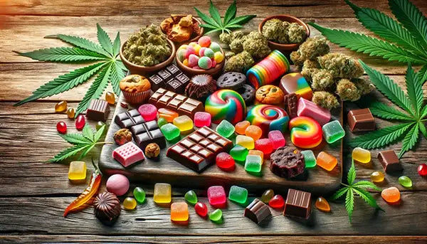 A vibrant and colorful array of cannabis-infused edibles, including gummies, chocolates, and baked goods, artistically arranged on a rustic wooden table with a few cannabis leaves scattered around for decoration in a landscape format.