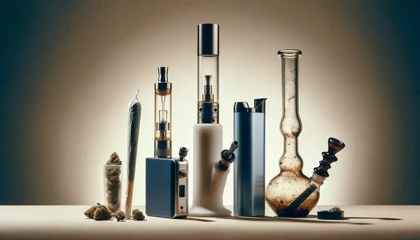 An array of various smoking devices for cannabis, including a classic joint, a modern vaporizer, and a sophisticated glass bong, displayed against a simple, clean background in a landscape format.