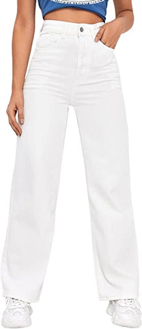 A beautiful model wearing White Casual Loose High Waist Solid Straight Wide Leg Jeans
