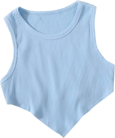 A mockup of a light blue Verdusa Women's Asymmetrical Hem Sleeveless Ribbed Knit Summer Crop Tank Top from amazon.com 