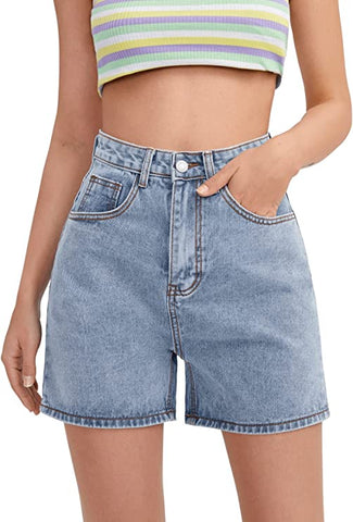 a model wearing a Women's High Waist Straight Leg Denim Shorts Solid Jean Shorts Summer Hot Pants with Pockets from Amazon.com 