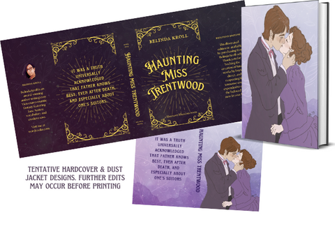 Sample image of the dark dust jacket and illustrated hardcover for Haunting Miss Trentwood