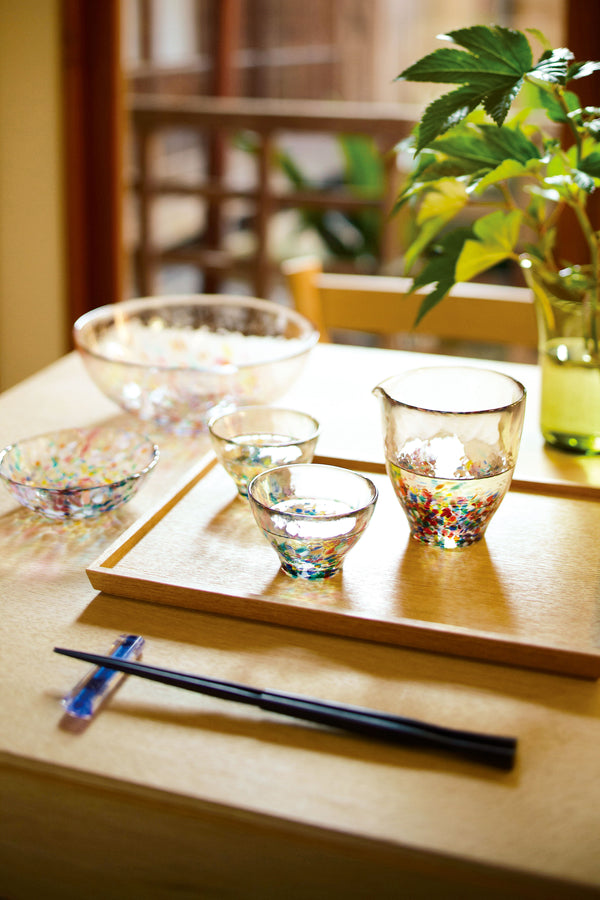 Tsugaru Handblown Ochoko Sake Cup + Carafe Set - Dancing Sakura