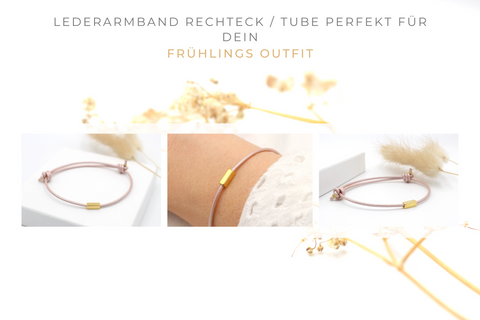 Lederarmband in cameo rose mit goldfarbenem Rechteck / Tube, passendes Schmuck Accessoire für dein Frühlingsoutfit