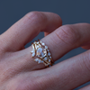 Unique engagement ring, featuring a round rose cut diamond, with diamond cluster, on a split band, made in 14k solid yellow gold.