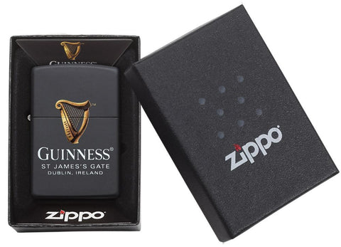Zippo aansteker zwart Guinness-logo en inscriptie in open doos
