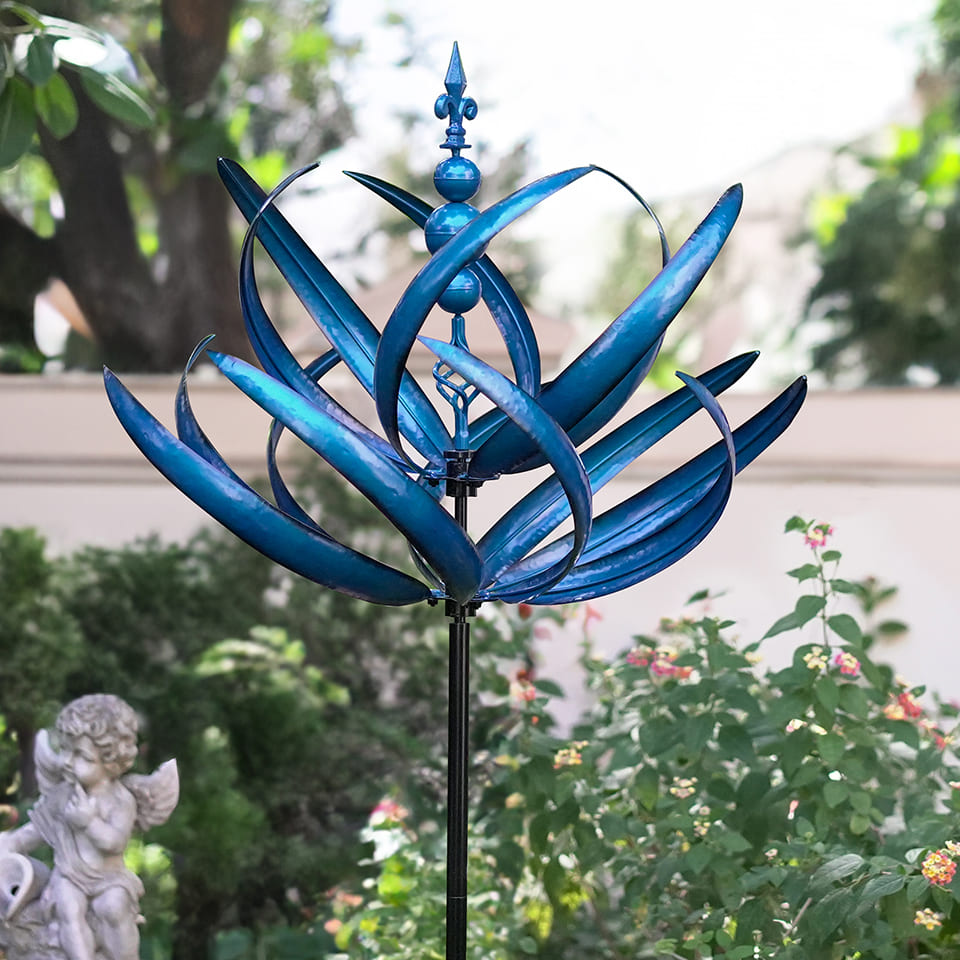 Blue Crimson Harlow Lotus Flower Wind Spinner For Garden