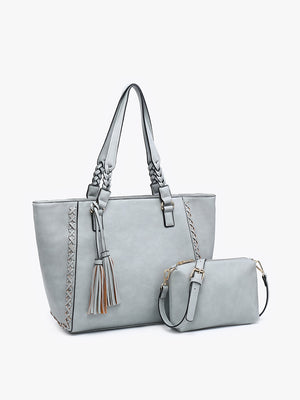 Lisa Structured Tote w/ Braided Accents- Grey Blue - Poppy and Polka Dot Boutique
