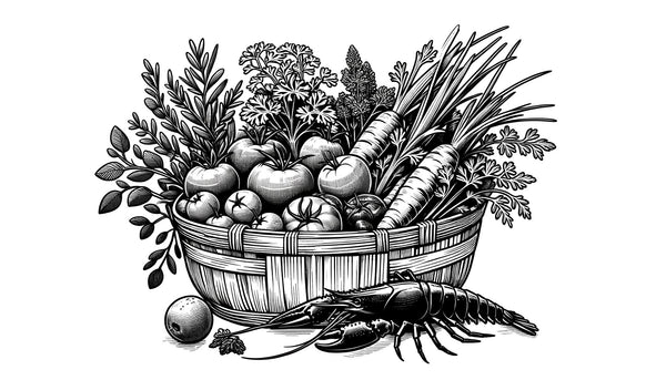 A black and white sketch showing a woven basket, a kete, filled with distinctly drawn home-grown produce such as kumara, herbs, tomatoes, various fruits, and a prominently placed crayfish