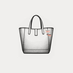 An illustration of a handbag with two enamel pins on the side