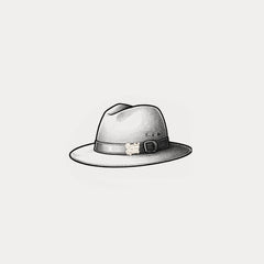 An illustration of a fedora hat with a pin on the band