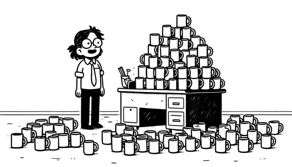 A black and white sketch of a teacher standing next to a desk piled high with an excessive number of generic mugs. The teacher displays a bewildered but grateful expression, reflecting mixed emotions in a humorous yet appreciative setting.