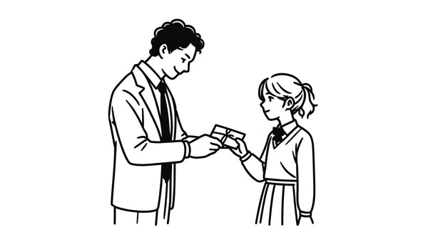 A black and white illustration depicting a heartfelt moment where a student is handing over a card to a teacher, who is visibly touched by the gesture, showing a warm and grateful expression.