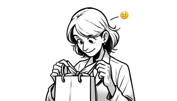 A black and white sketch of a smiling teacher opening a gift bag with a puzzled expression, accompanied by a thoughtful emoji floating above their head, indicating a mix of intrigue and light-hearted humor at the gift received.