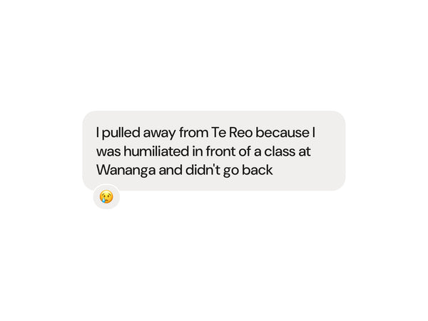 A chat bubble graphic with a quote from a learner sharing their experience: 'I pulled away from Te Reo because I was humiliated in front of a class at Wananga and didn't go back,' accompanied by a pensive face emoji.