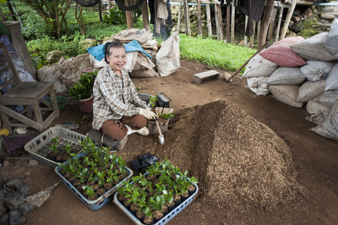 A woman preparing coffee in the dirt