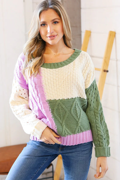 Ivory & Green Colorblock Cable Knit Sweater-Authentically Radd Women's Online Boutique in Endwell, New York