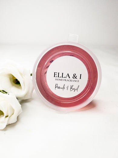 Ella and I - Home Fragrance. Gel wax Melts. Pomelo and Basil. Sweet citrus and fresh herbal notes combined for a subtly clean and complex finish. Jelly wax melts.