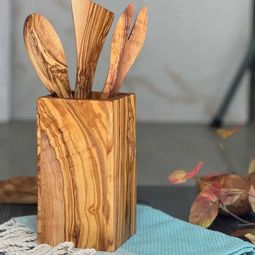 Olive Wood Utensils Holder - Forest Decor